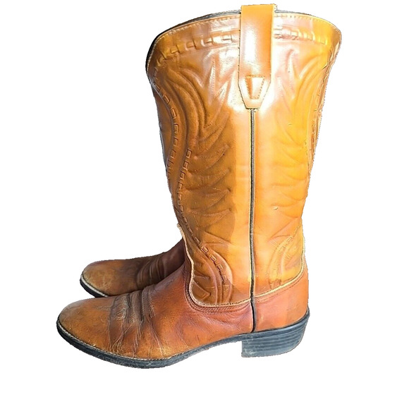 VTG Men's Brown Leather Round Toe Pull On Rodeo Cowboy Western Boots Size 10.5D - Picture 1 of 6